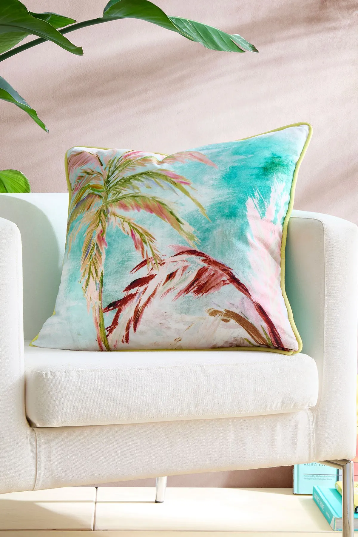 Appletree 'Leilani' Tropical Palm Leaf Print Velvet Filled Cushion in Green