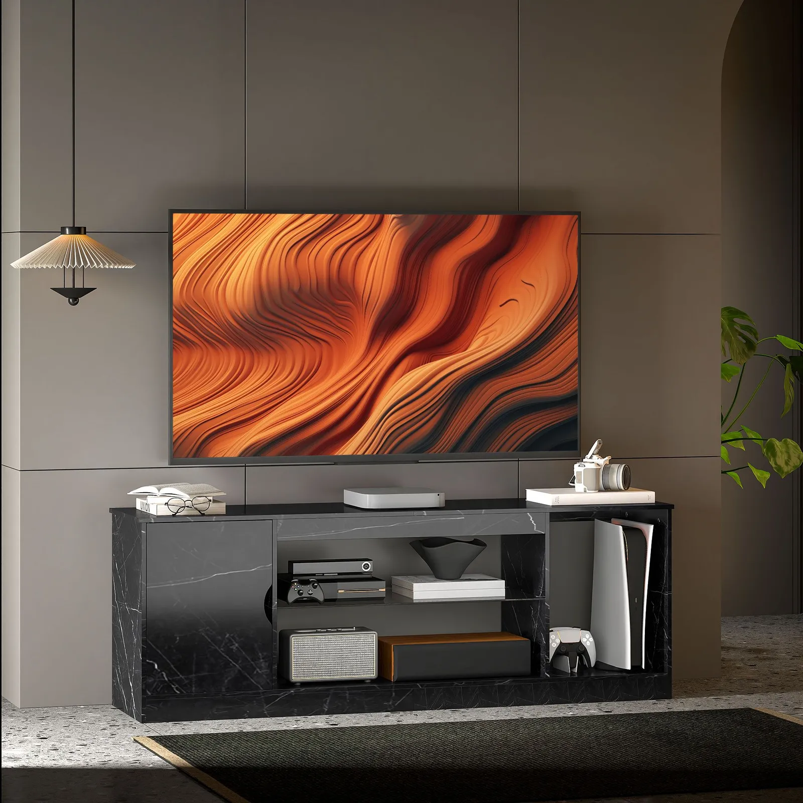HOMCOM Marble Effect TV Stand Cabinet with Glass Shelf for 55 Inch TVs in Black