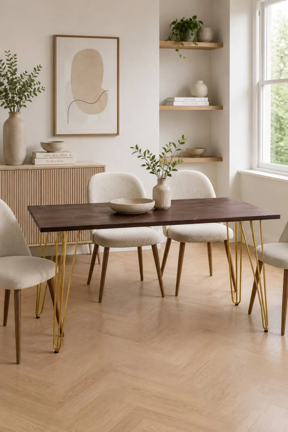 IH Design Silchester Dark Mango Rectangular 6 Seater Dining Table Gold Detail in Brown