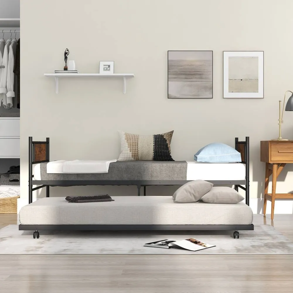 Costway Metal Daybed with Pull out Trundle Single Sofa Guest Bed with Headboard in Brown 5