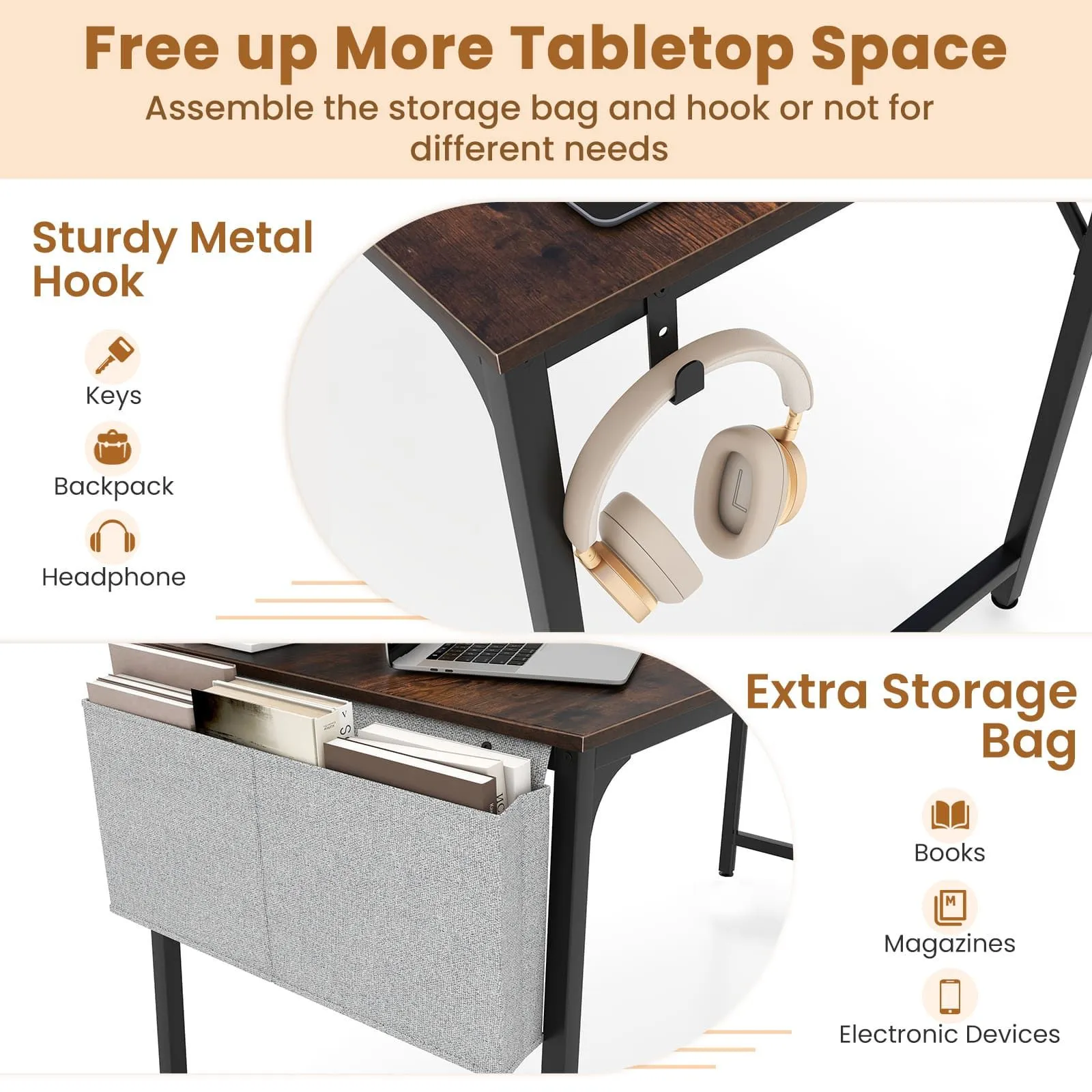 Costway Computer Desk Small Home Office Desk w/ Charging Station in Brown 4