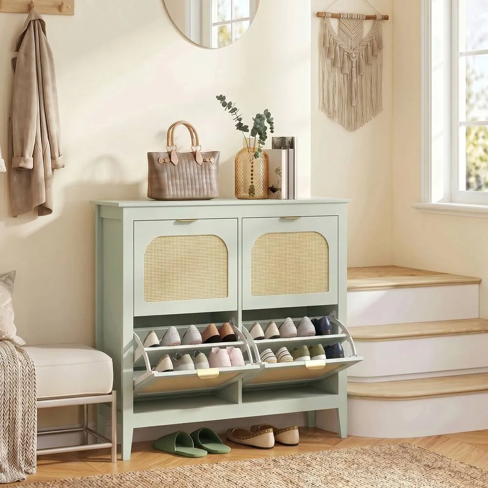 HOMCOM Boho Slim Shoe Cabinet with Rattan Doors, Holds 20 Pairs, Green in Light Green
