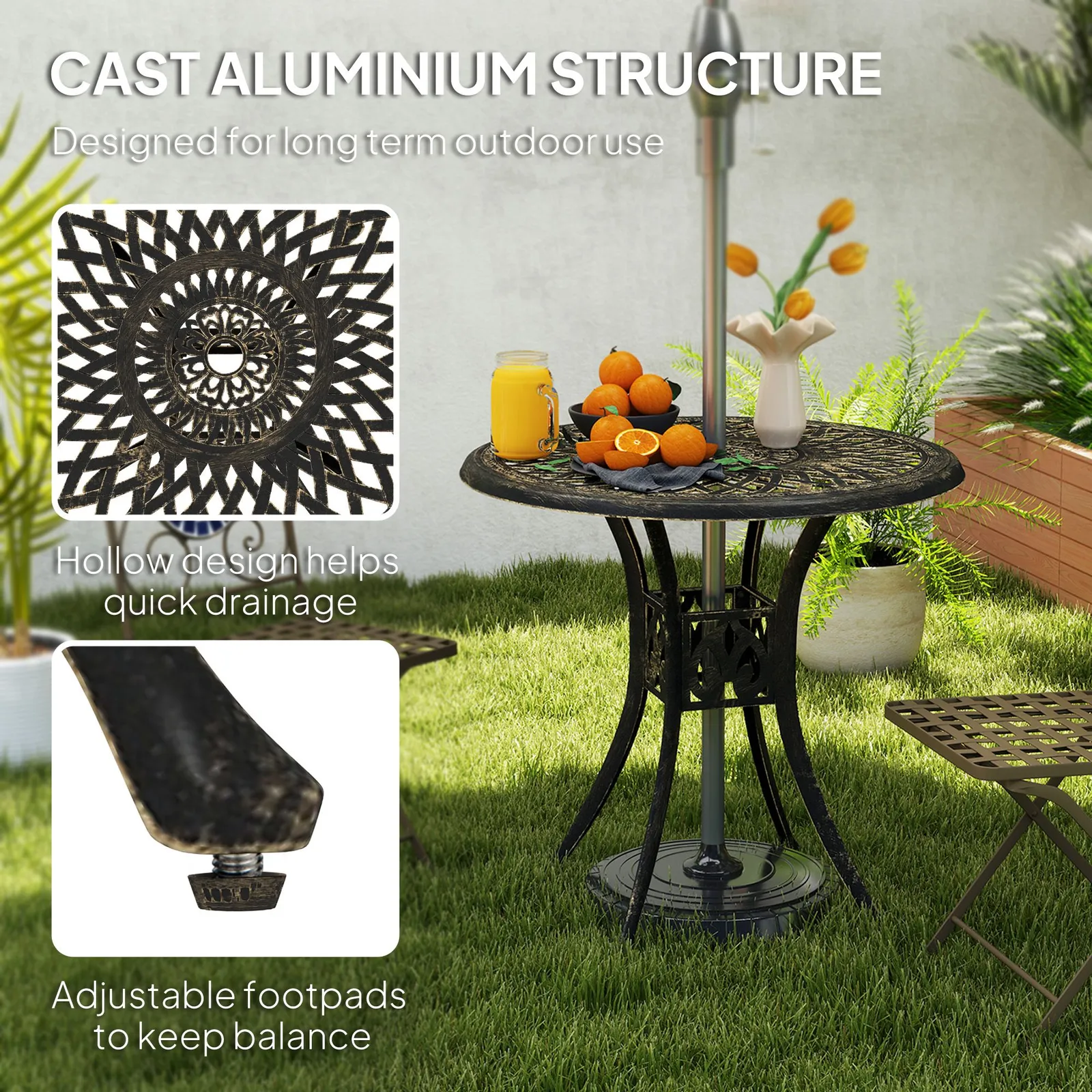 OUTSUNNY 78 cm Round Garden Dining Table with Parasol Hole, Bronze Tone 4