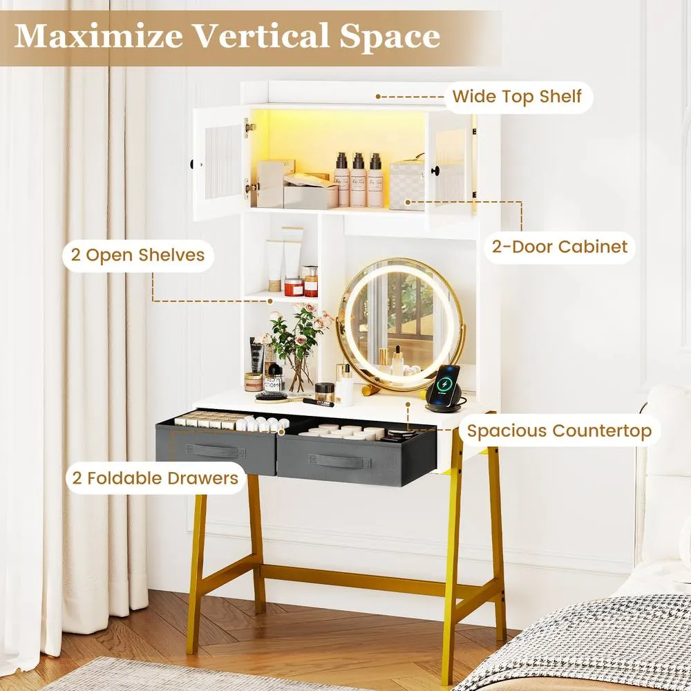 Costway Makeup Table Makeup Vanity Desk with Rotating Mirror & Lights White 3