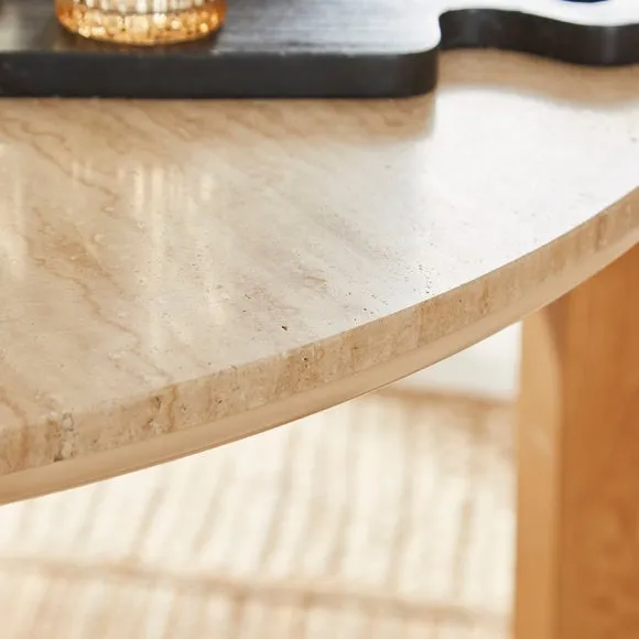 Halton 4 Seater Round Dining Table, Travertine Stone & Oak 3