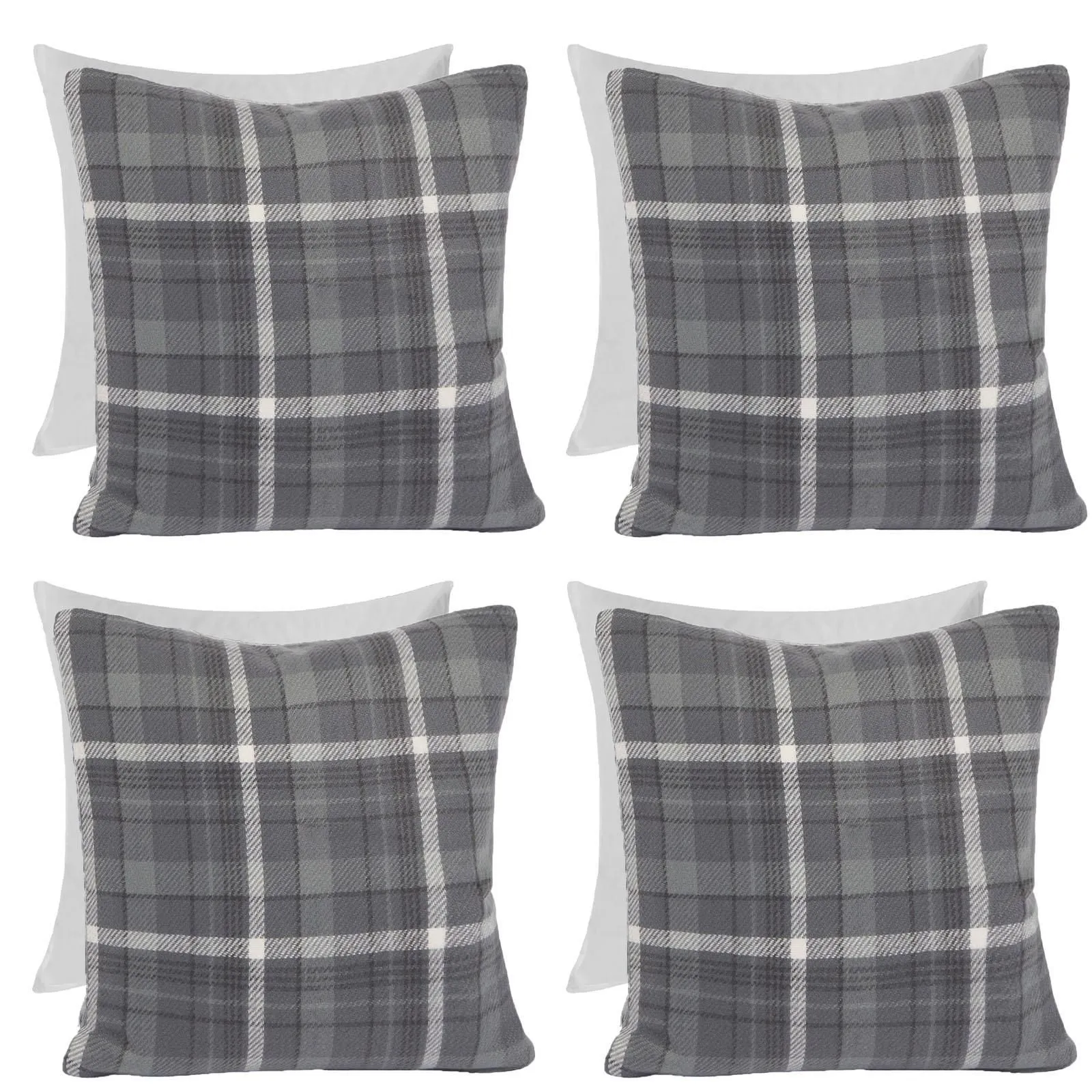 OHS Woven Check Cushion Covers Tartan Pack of 4 Filled Case Pad Set in Charcoal