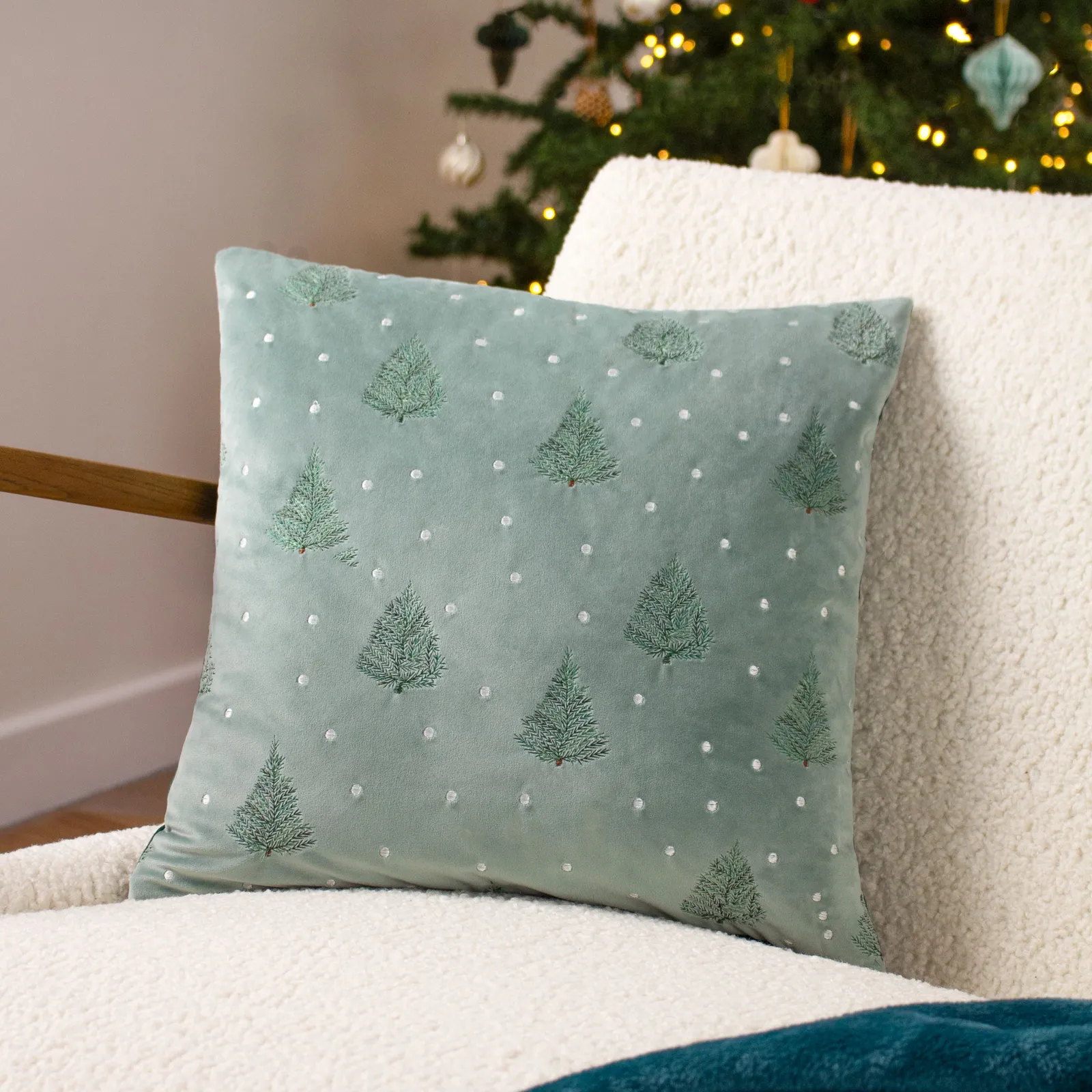 Furn Evergreen Classic Tree Embroidered Cushion in Green