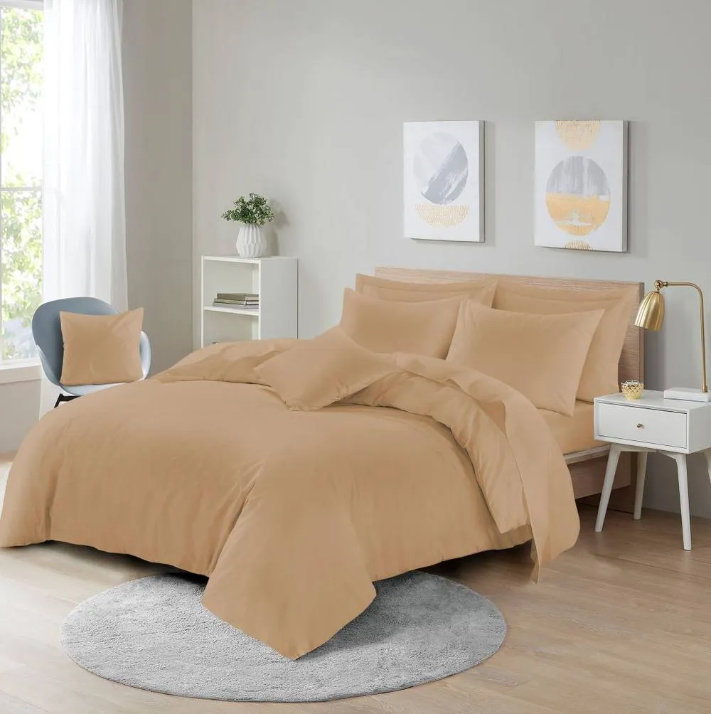 Homes-Linen Plain Dyed Polycotton Duvet Cover Set with Pillowcases in Beige
