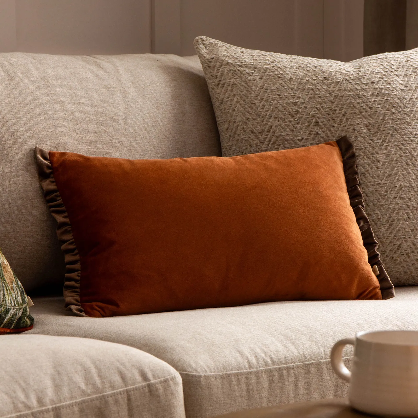 Wylder Tilly Velvet Frill Reversible Cushion in Burnt Orange 1