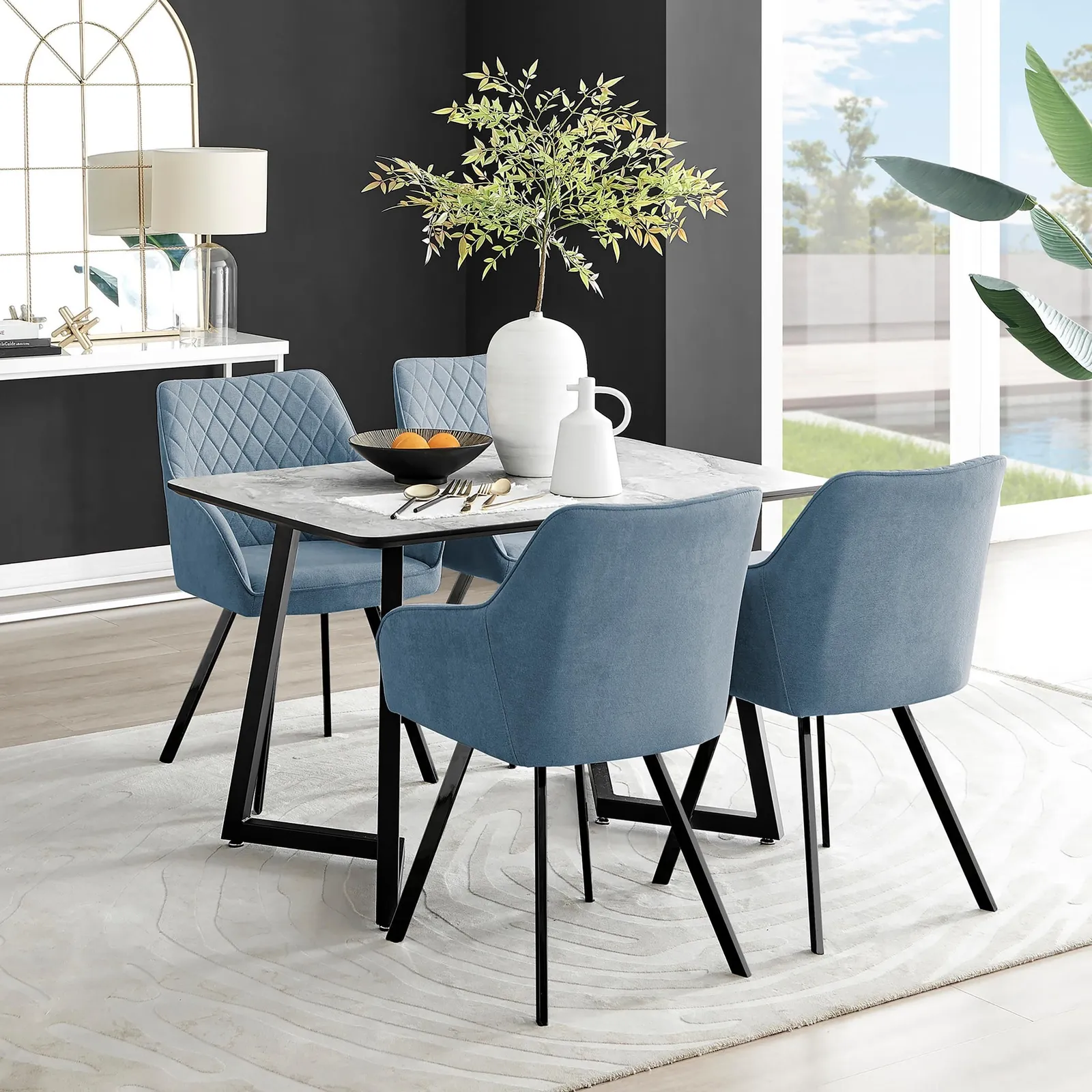 FurnitureboxUK Carson White Marble Effect Dining Table & 4 Falun Black Leg Chairs in Blue