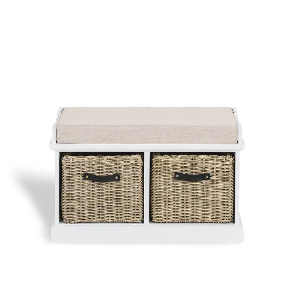 Statement Furniture Tetbury Bench with 2 Brown Faux Rattan Baskets & Cream Cushion in White 5