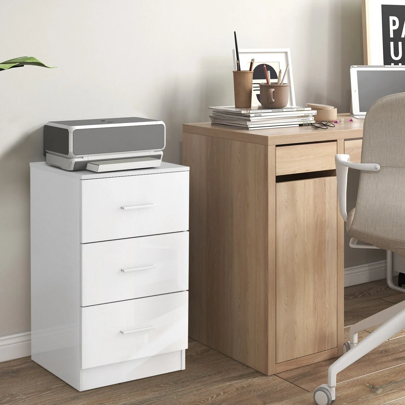 Costway 3Drawer Chest Storage Cabinet Dresser Freestanding Night Stand Organizer in White 5