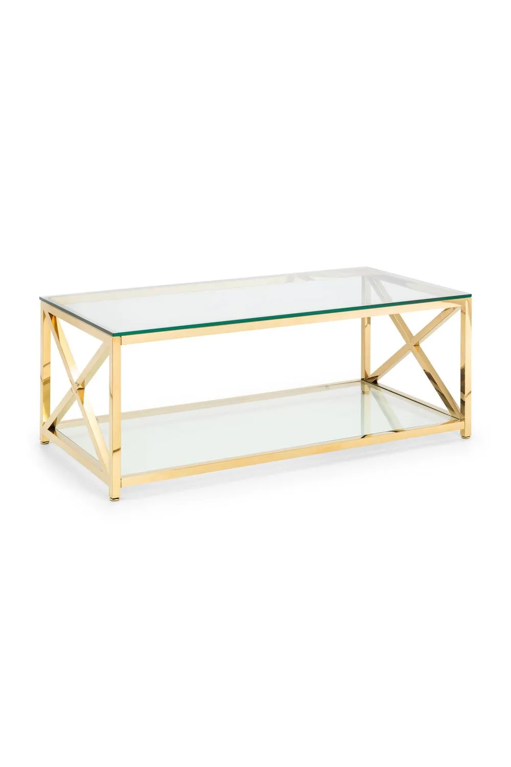Julian Bowen Miami Glass Top Cross Frame Coffee Table with Shelf in Gold 2