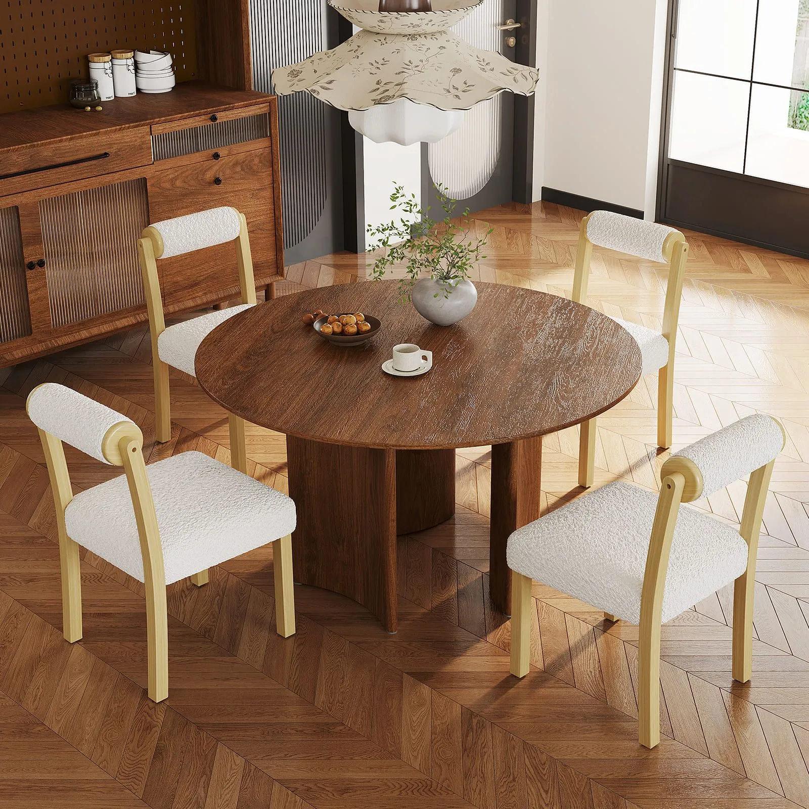 Costway Wooden Dining Chair Set of 2 Faux Sherpa Upholstered Chairs-White in White 6