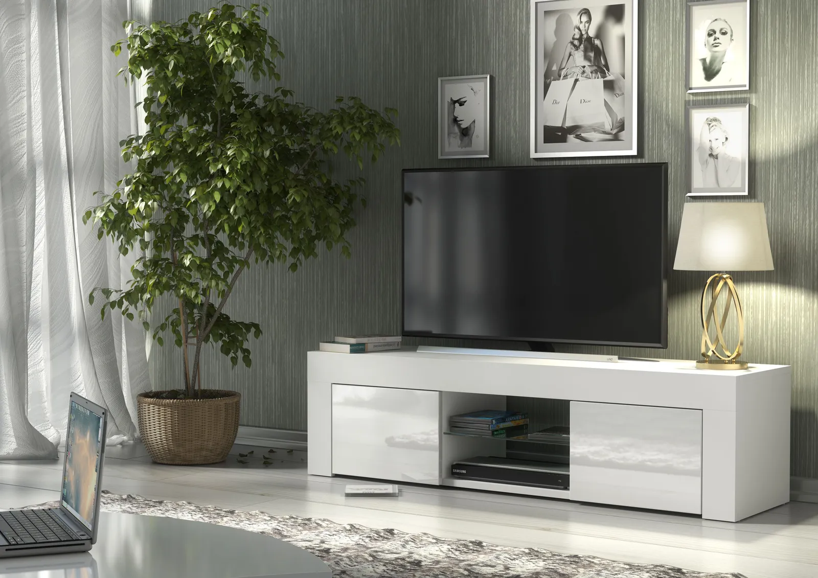 Creative Furniture TV Unit 130cm Modern - White with High Gloss Doors 2