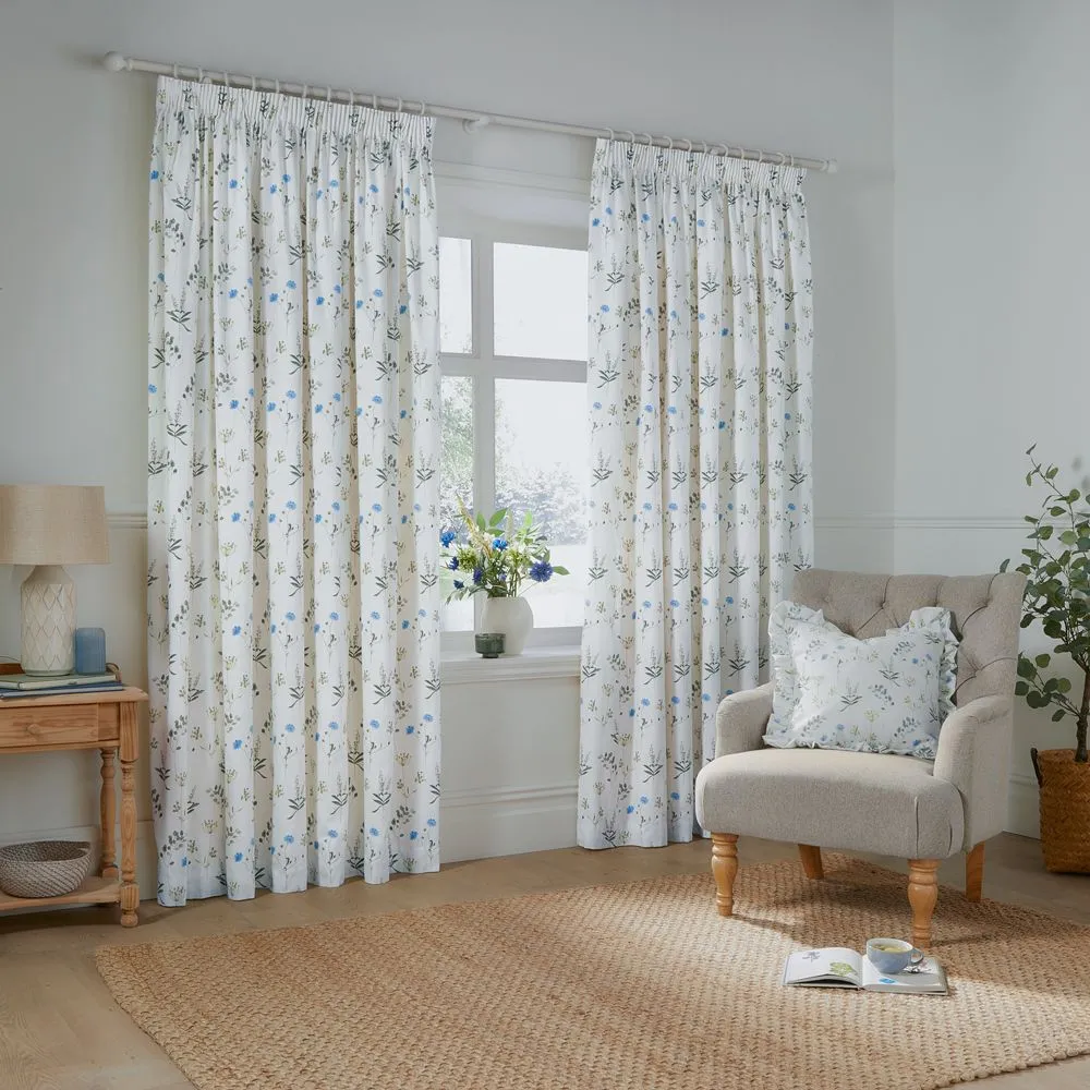 Wylder Meadow 100% Cotton Floral Pencil Pleat Curtain Pair in White 2