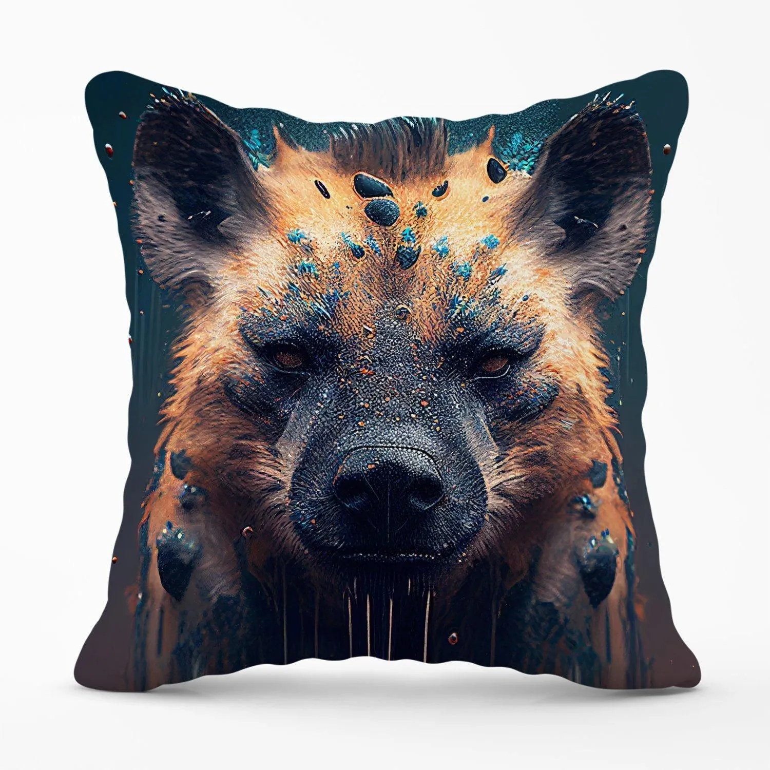 Warren Reed - Designer Hyena Face Splashart Dark Background Outdoor Cushion in Brown
