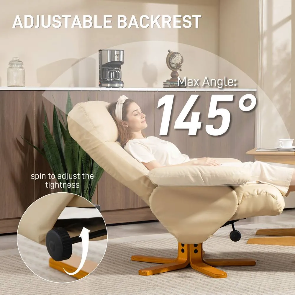 HOMCOM Recliner Chair & Footstool PU Leather Wooden Base, Beige 4
