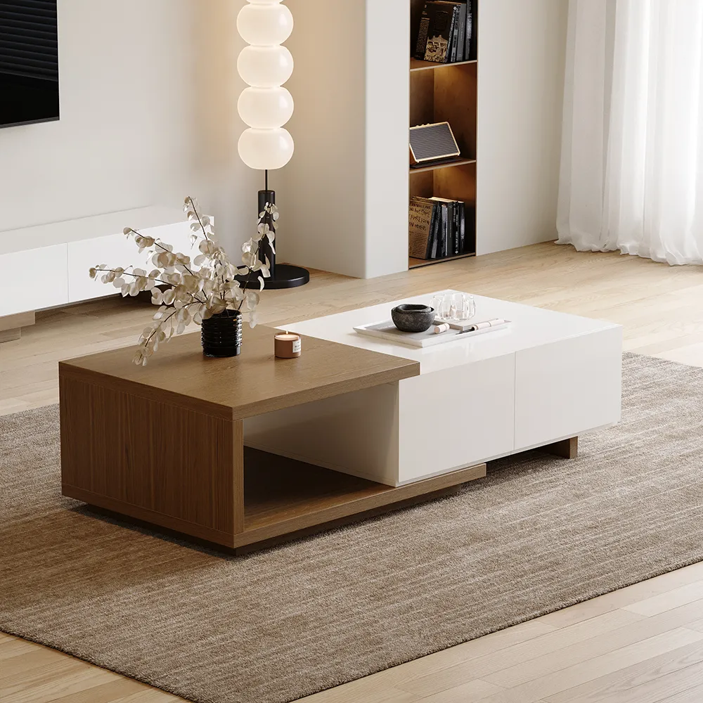 Quoint 175 cm Modern White & Walnut Coffee Table Retracted & Extendable with 2-Drawer