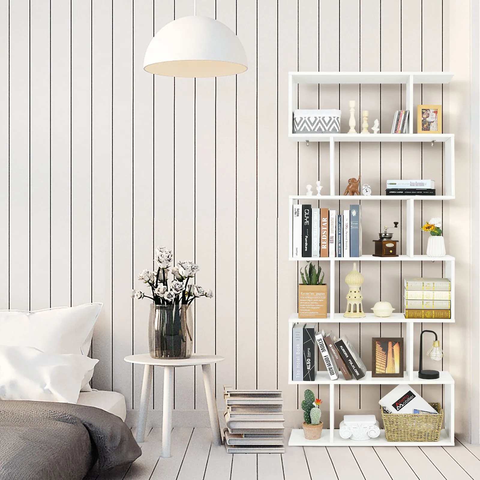Costway 6-tier Bookcase Industrial S-Shaped Bookshelf Wooden Storage Display Rack in White 4