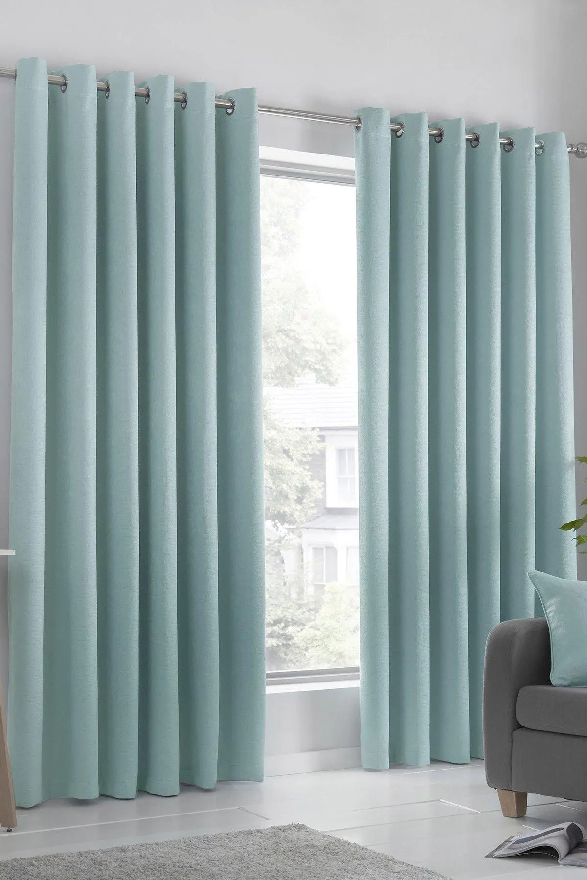 Fusion 'Strata' Triple-Woven Dimout Eyelet Curtains in Duck Egg Blue 1