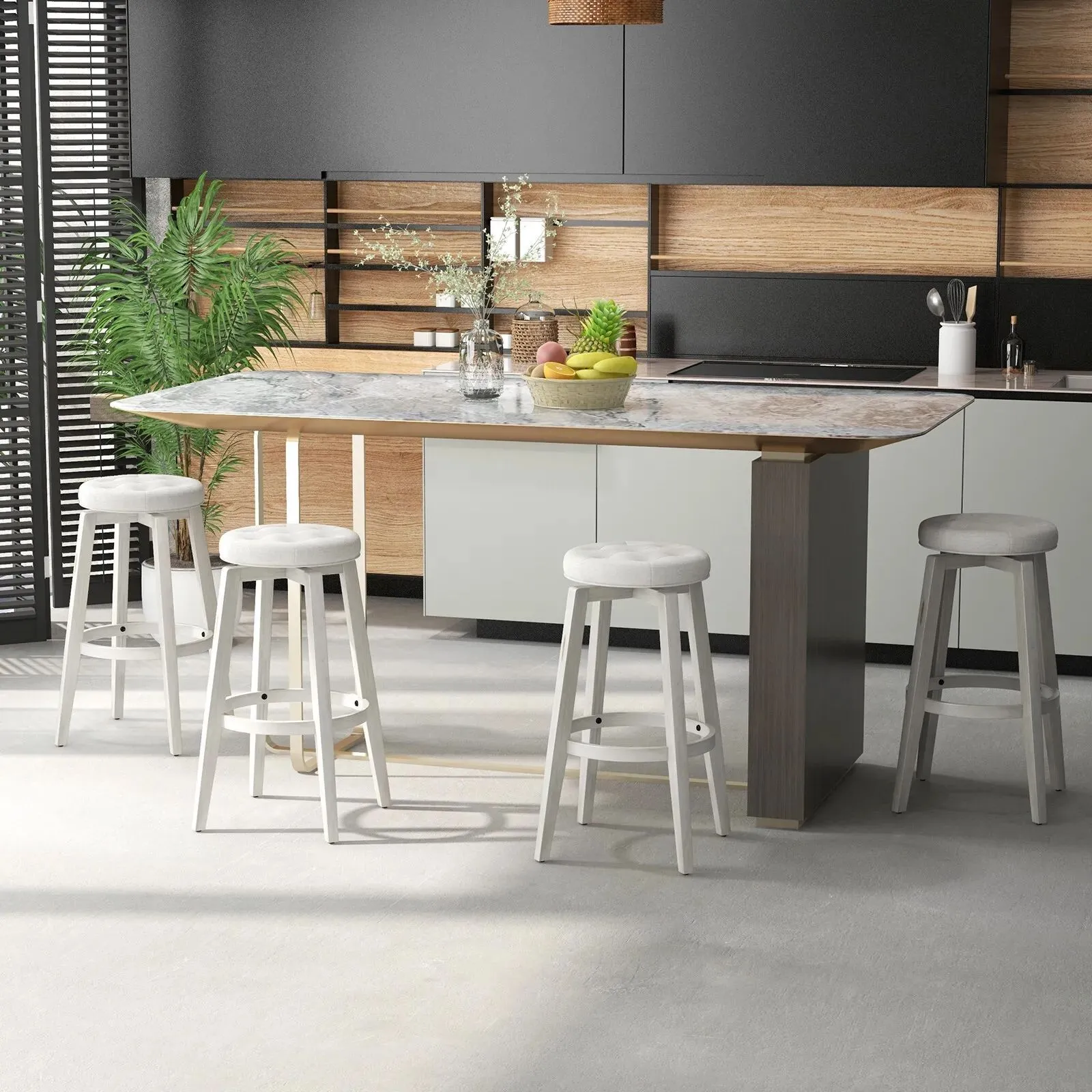 Costway Set of 2 Bar Stools Kitchen Upholstered Chair 360 Swivel Pub Stool 76cm in Beige 6
