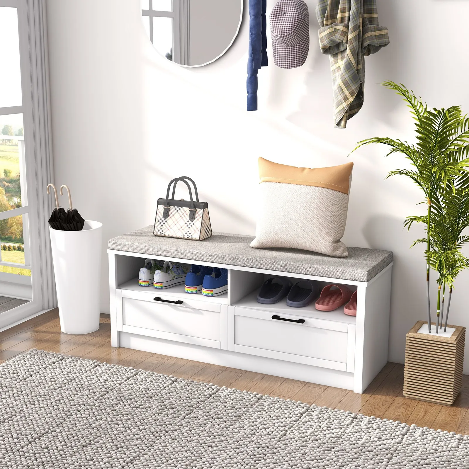 HOMCOM Shoe Storage Bench with Removable Cushion Open Compartment & Drawer in White