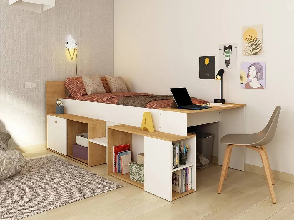 Vente-unique Combined Bed 90 X 200 Cm With Desk & Storage - White & Natural in Light Oak
