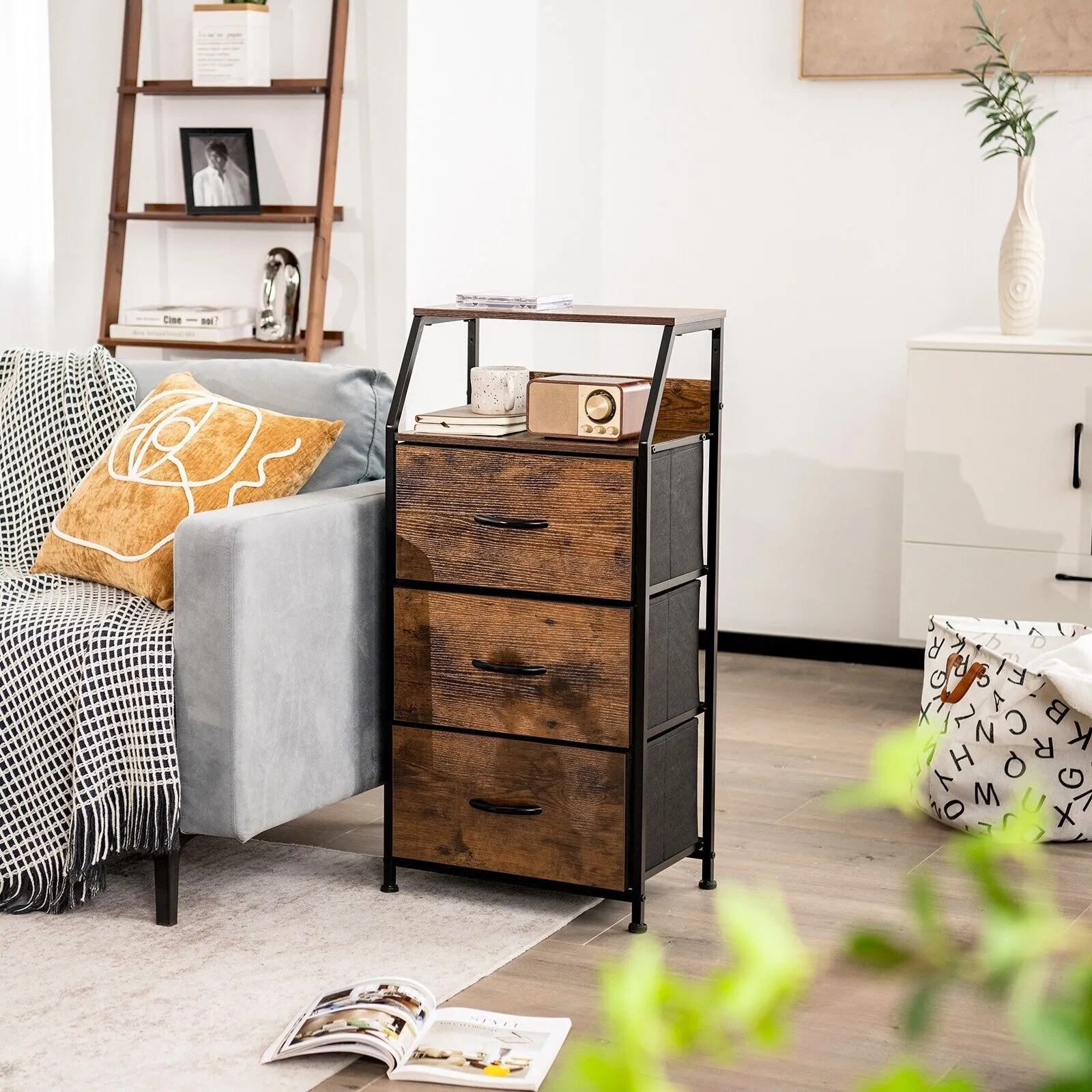 Costway 3 Drawer Organizer Unit Freestanding Cabinet Dresser with 3 Removable Drawers in Dark Brown 5