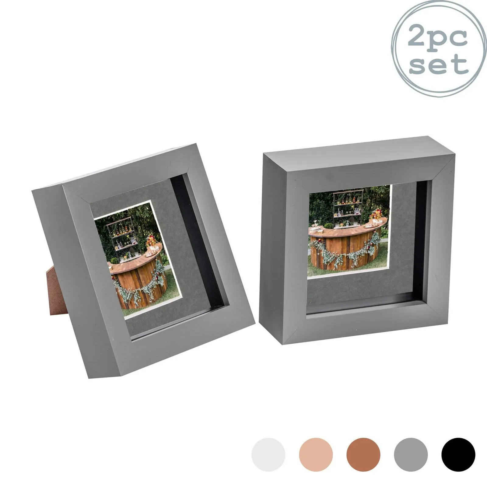 Nicola Spring 3D Box Photo Frames - 4 x 4" with 2 x 2" Mount - White Mount - Pack of 2 in Grey