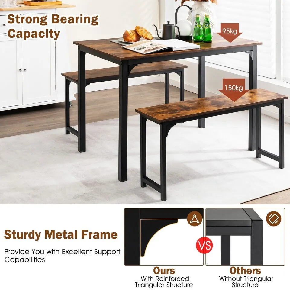 Costway 3 PCS Dining Table Set Space-Saving Kitchen Table Set w/2 Benches in Brown 6
