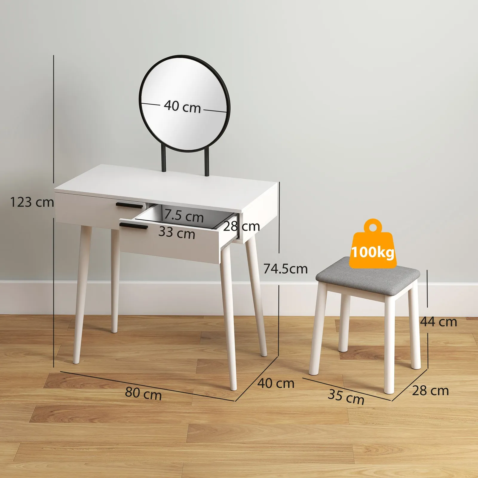 HOMCOM Vanity Table Set Dressing Desk Cushioned Stool Drawer Makeup Table in White 3