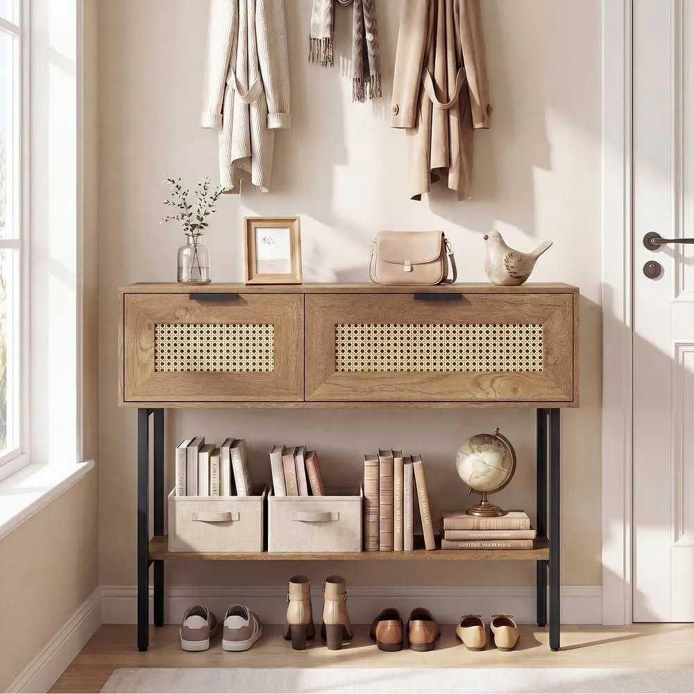 Costway Rattan Console Table Boho Entryway Table w/ Flip Doors & Open Shelf in Natural 6