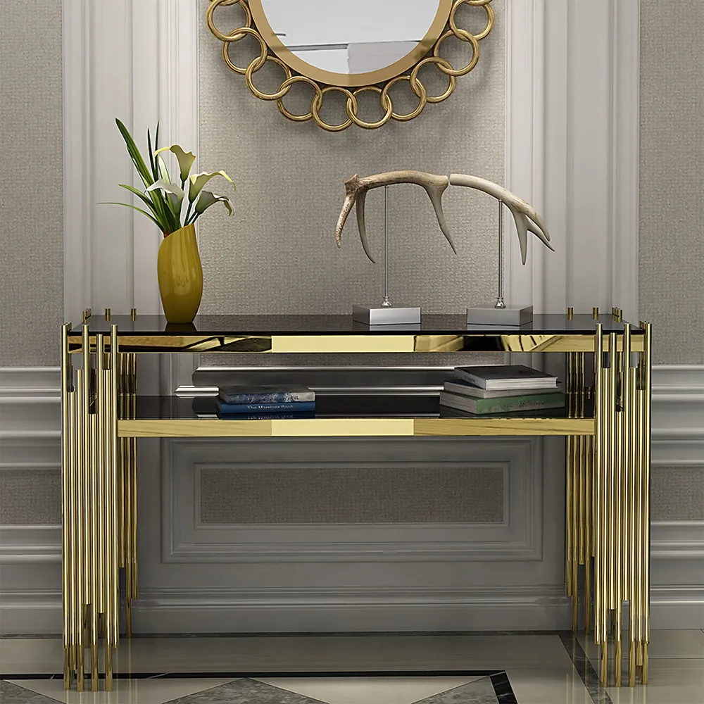 1200mm Modern Black Faux Marble Narrow Console Table with Storage Shelf and 4 Gold Legs