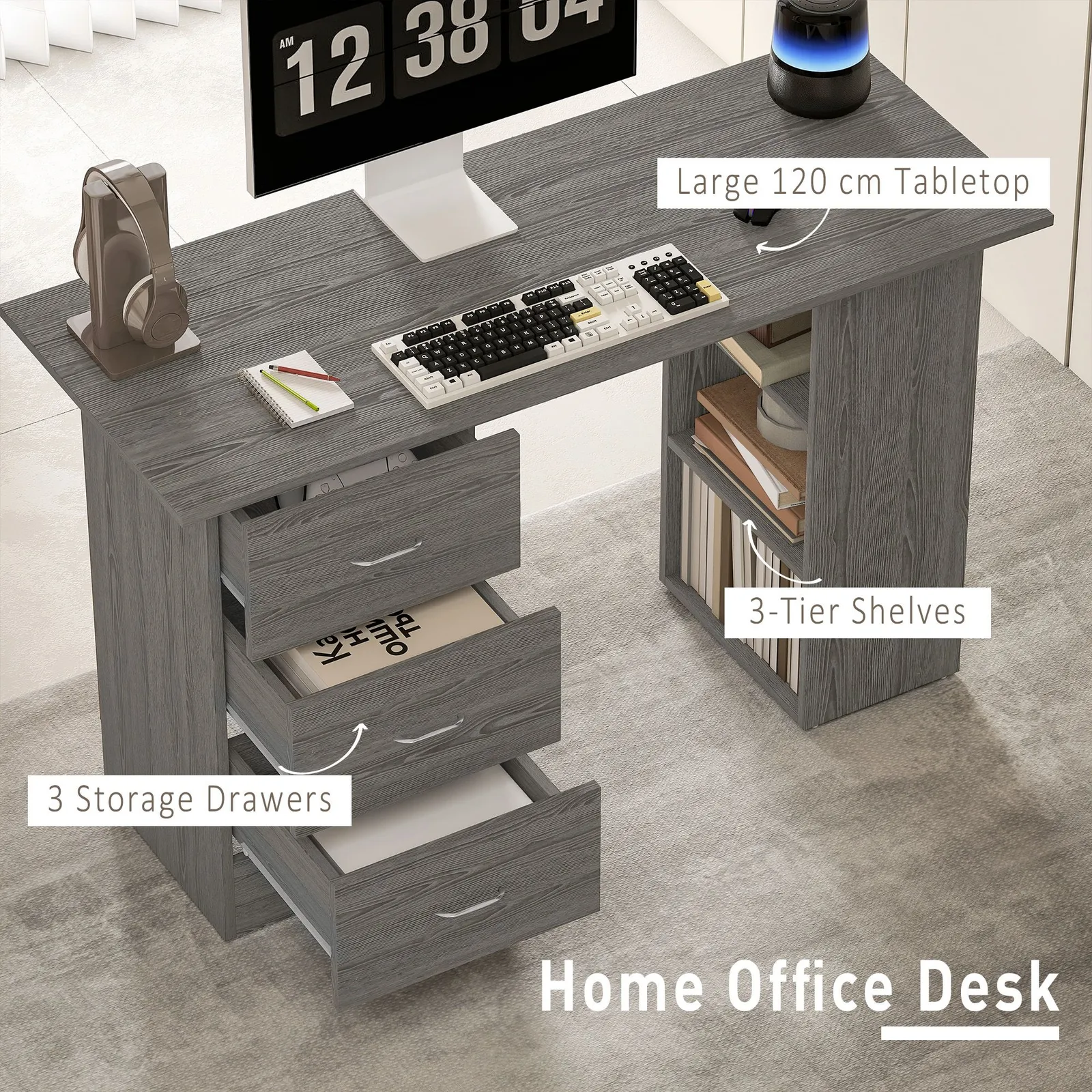HOMCOM 120cm Computer Desk, Study Table with 3 Shelf & Drawers in Grey 4
