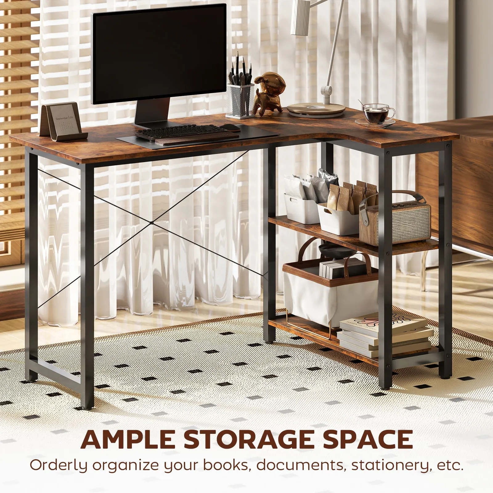 HOMCOM L-Shaped Computer Desk Study Workstation with 2 Shelves, Steel Frame in Brown 6