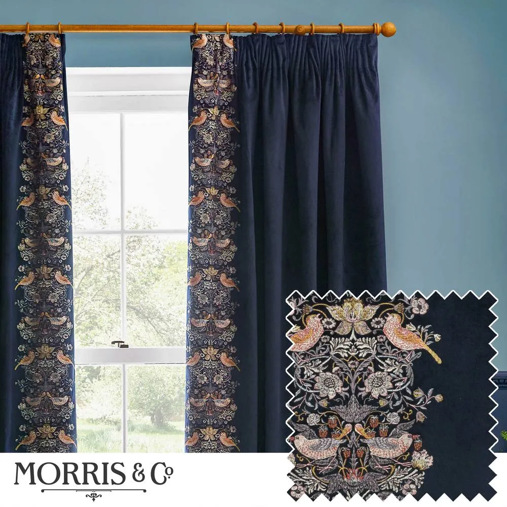 Morris & Co Strawberry Thief Embroidered Velvet Room Darkening Pencil Pleat Curtain Pair in Indigo 1