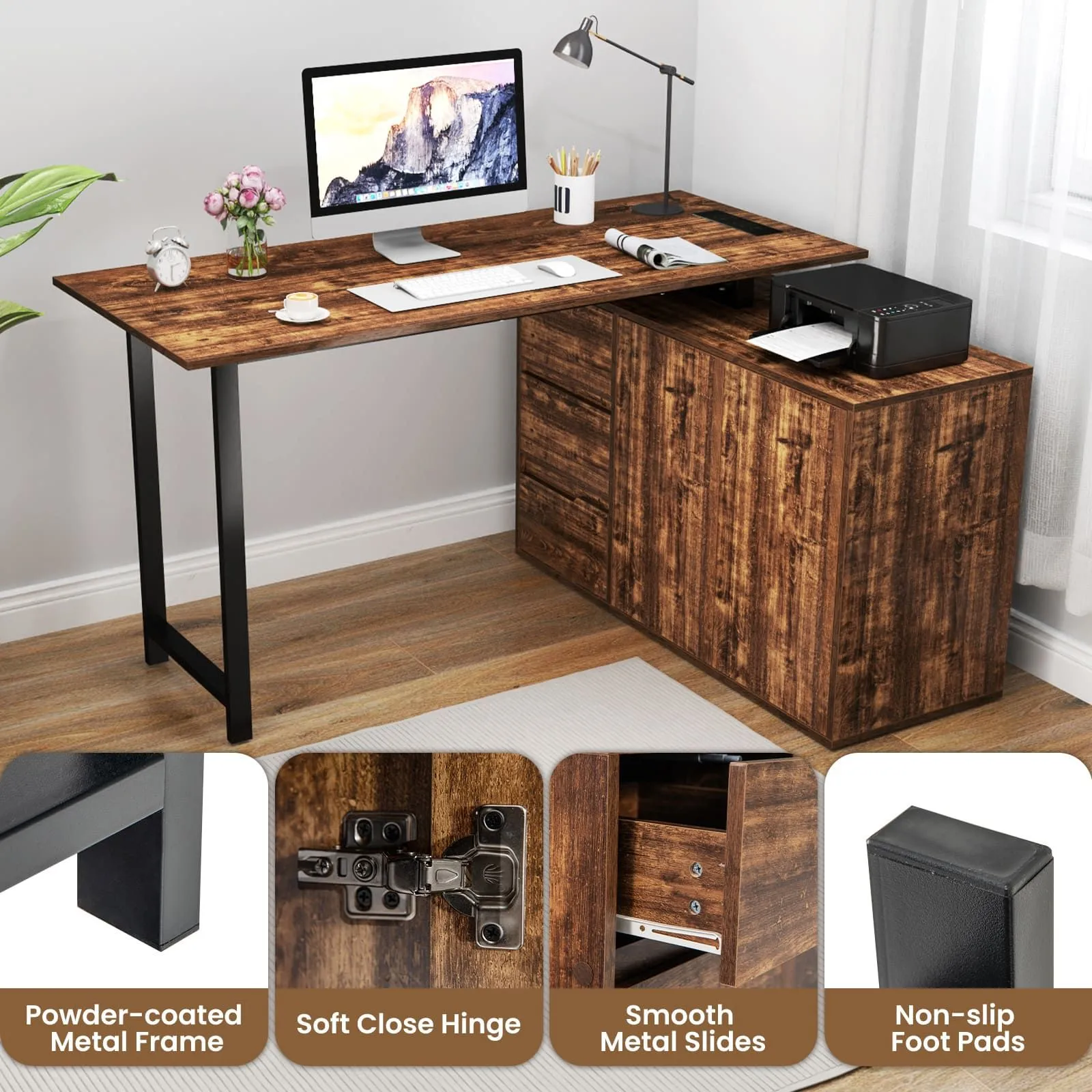 Costway L-Shaped Computer Desk Reversible Corner Laptop Desk Workstation in Brown 5
