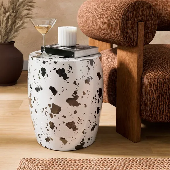 Metal Drum Cow Print Side Table