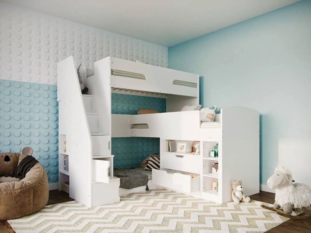 Flair Oscar Staircase Triple Bunk Bed with Storage in White 3