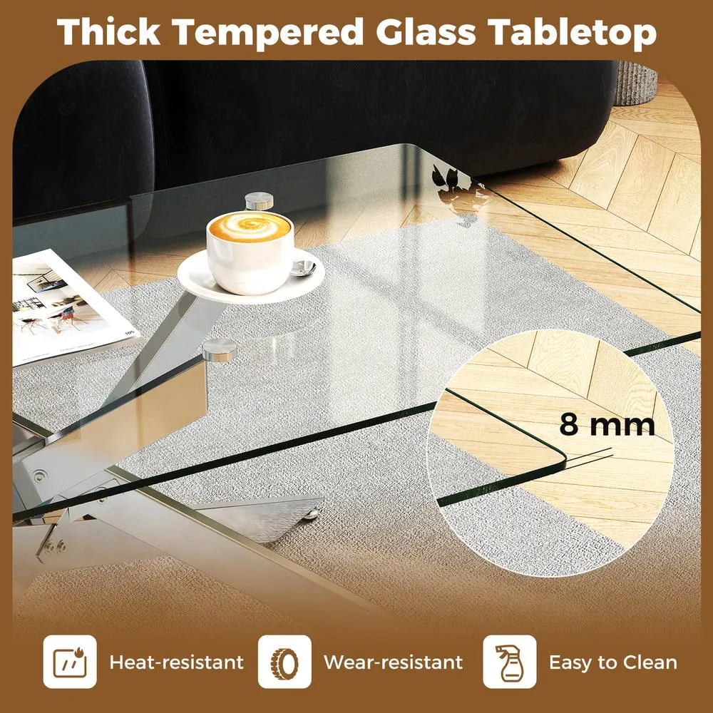 Costway Modern Glass Coffee Table Rectangle Center Cocktail Table Side Table in Silver 5