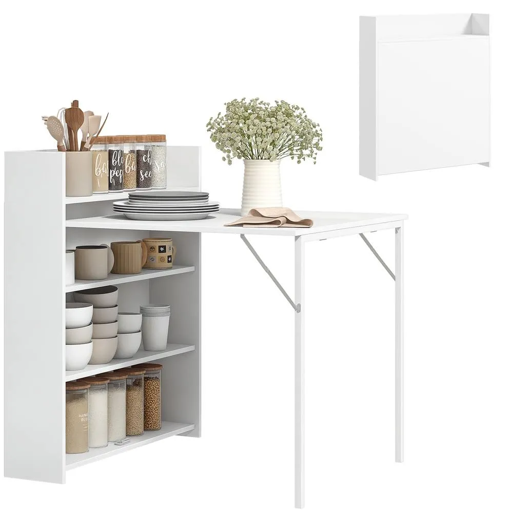 HOMCOM Folding Dining Table, Kitchen Table with Shelves White 2