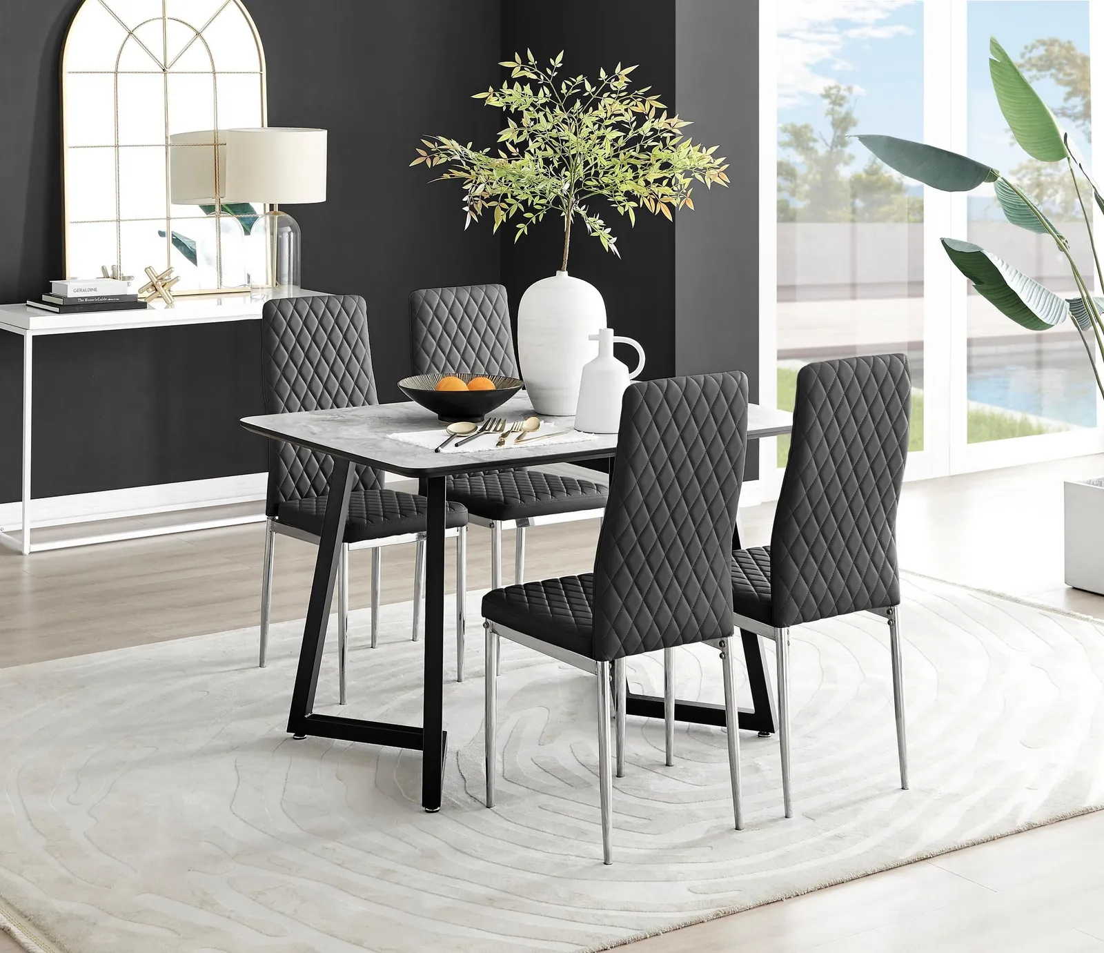 FurnitureboxUK Carson White Marble Effect Dining Table & 4 Milan Chrome Leg Chairs in Black 1