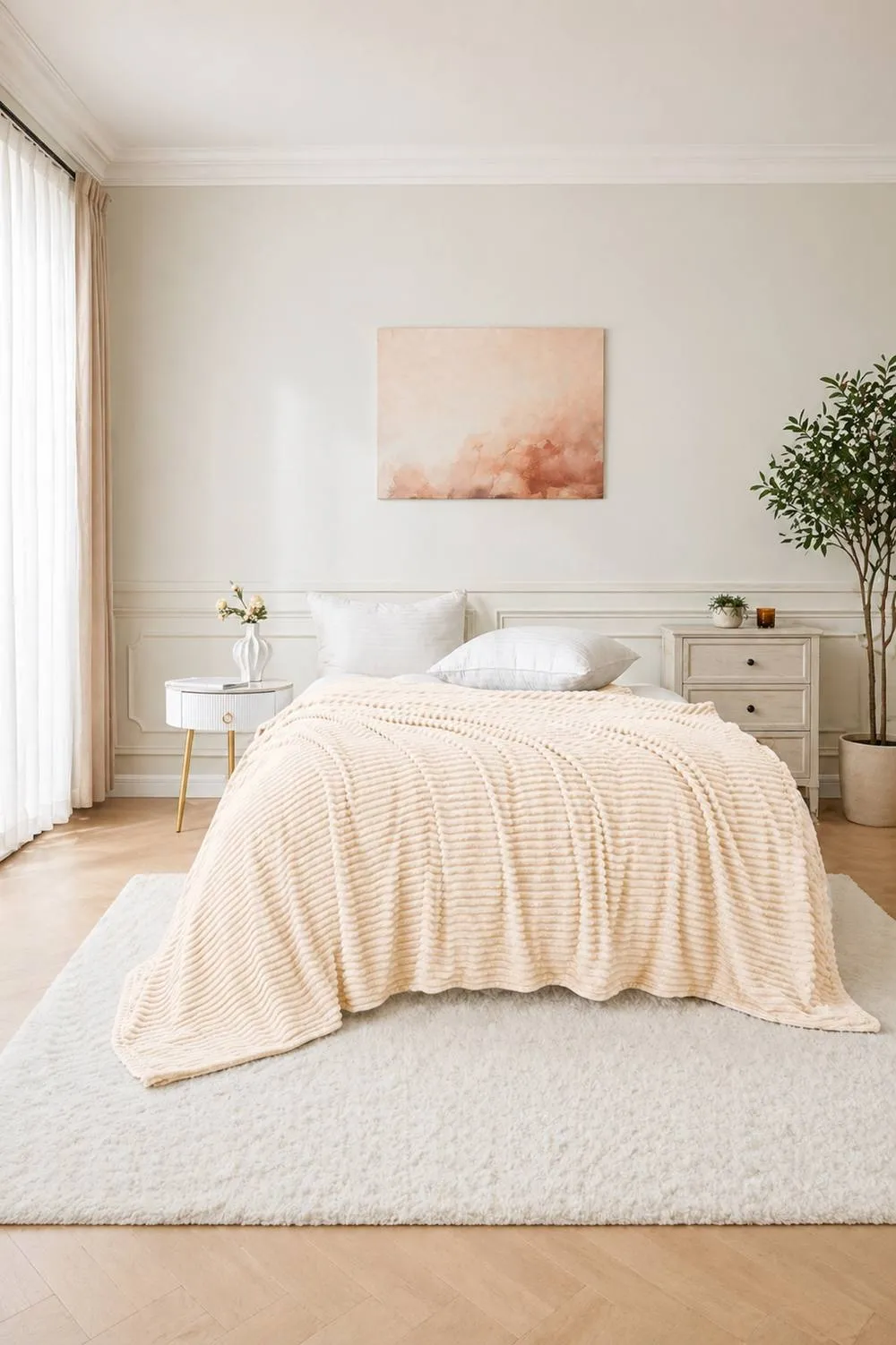 Dyzi Large Supersoft Ribbed Jacquard Fleece Throw Blanket 200 x 240cm in Cream