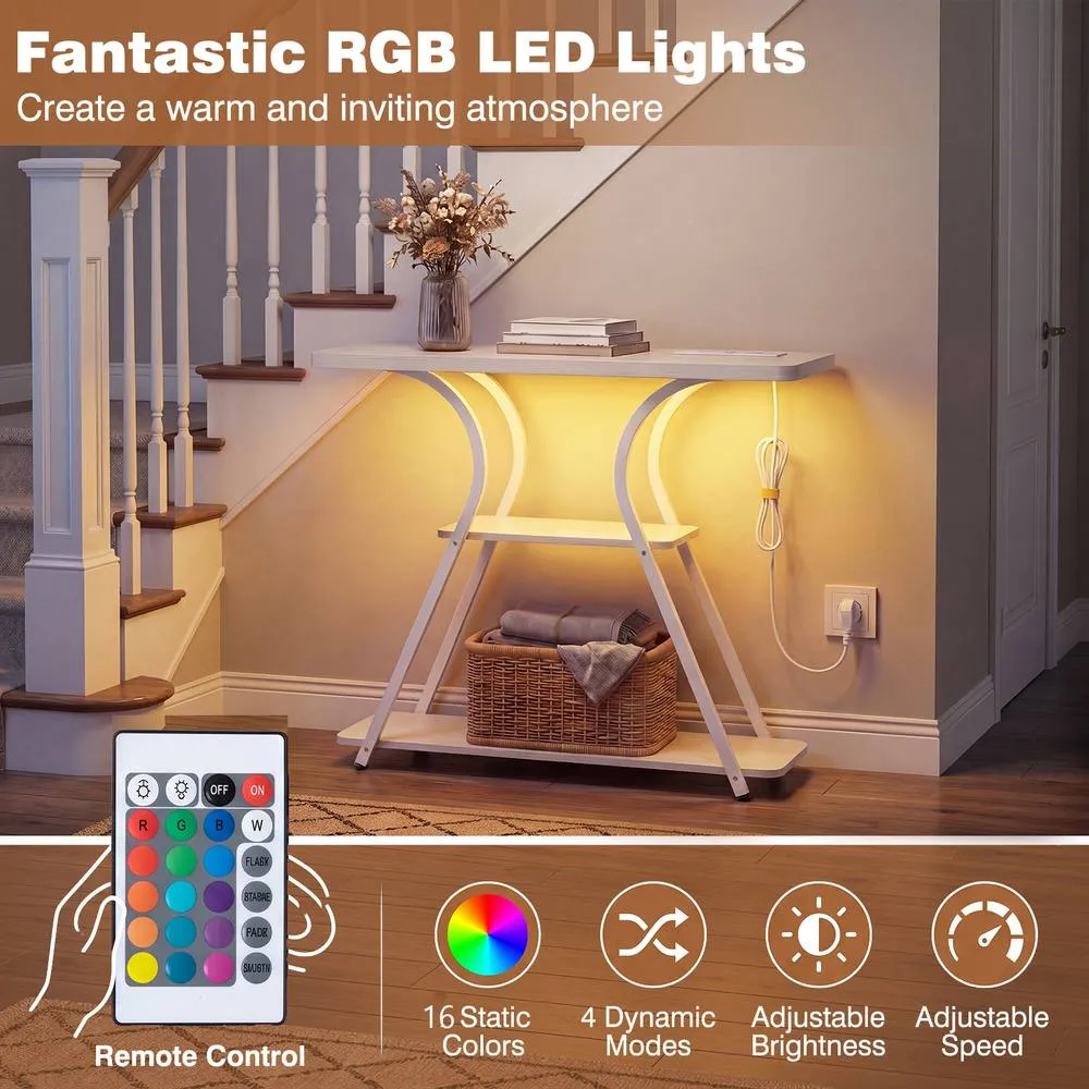 Costway Console Table w/ LED Lights & Power Outlets 3-Tier Entryway Table in White 6