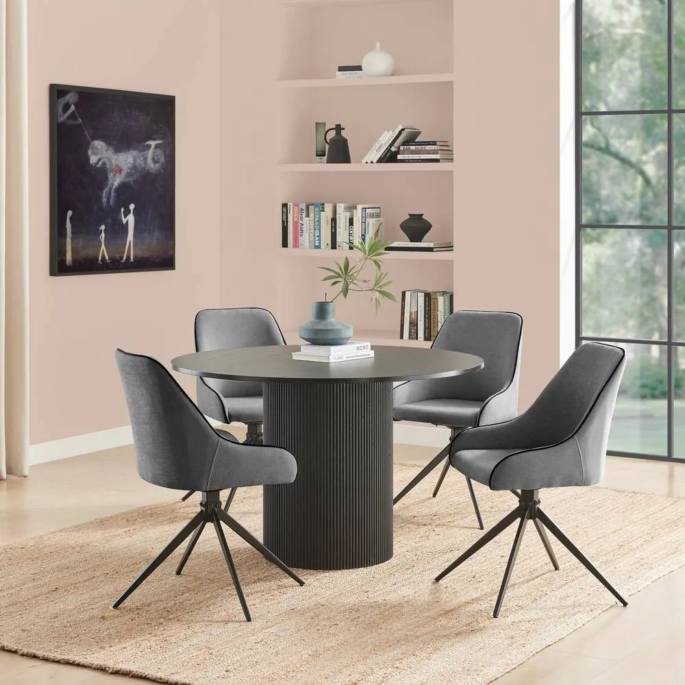 FurnitureboxUK Penrose Black Round Dining Table & 4 Beaumont Fabric Swivel Chairs in Grey 1