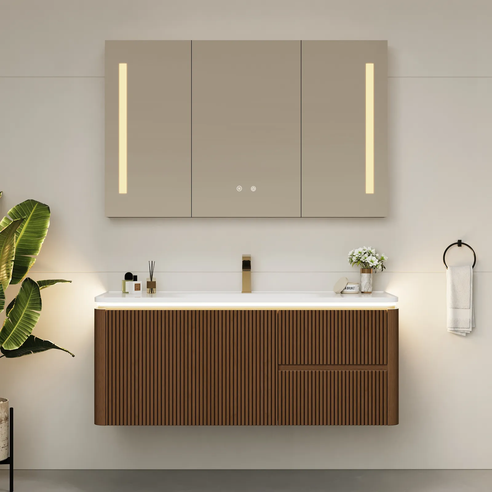 Modern 120 cm Floating Fluted Bathroom Vanity with Sink, Soft LED, Ample Storage