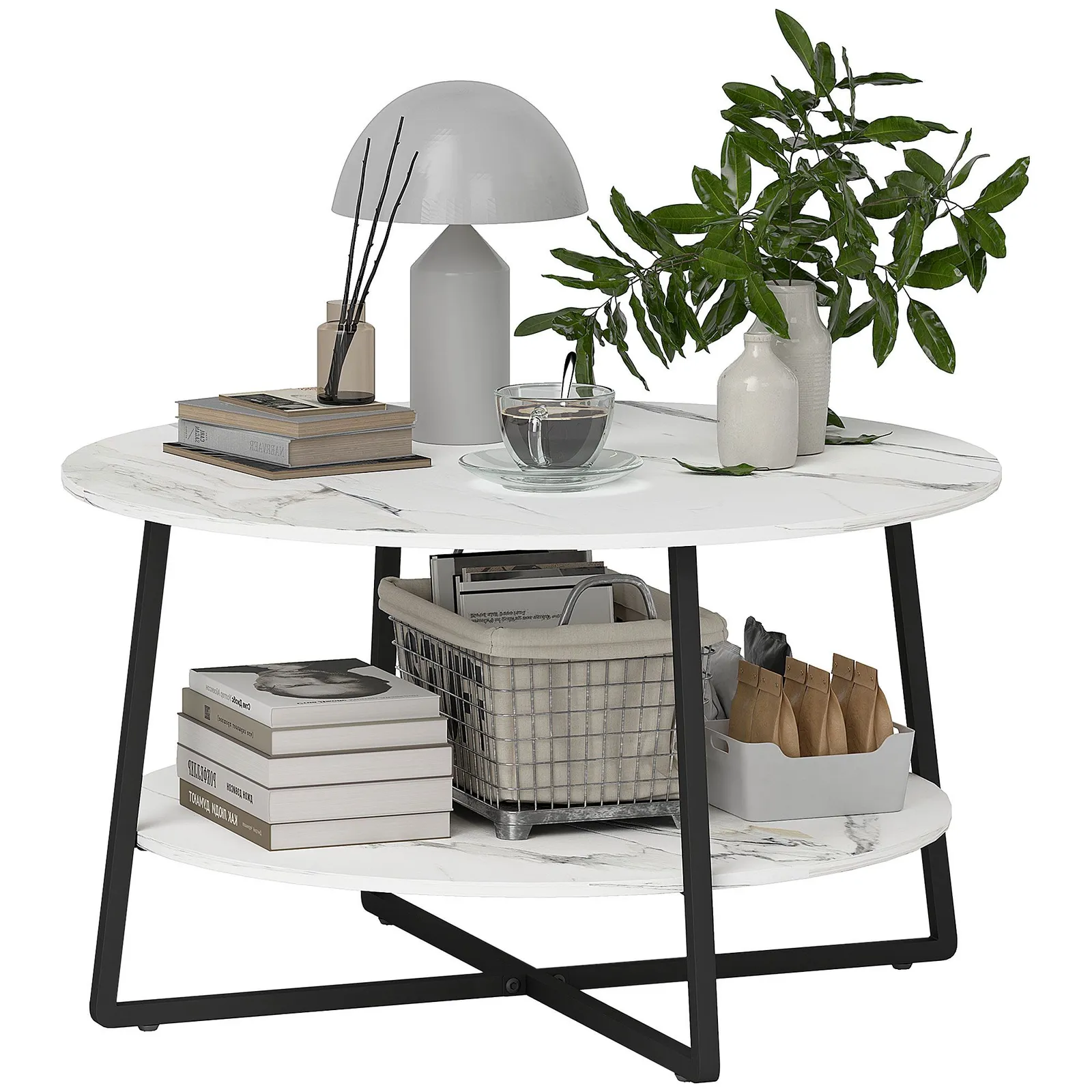 HOMCOM Round Coffee Table with Storage Shelf & Marble Effect Top, White 2