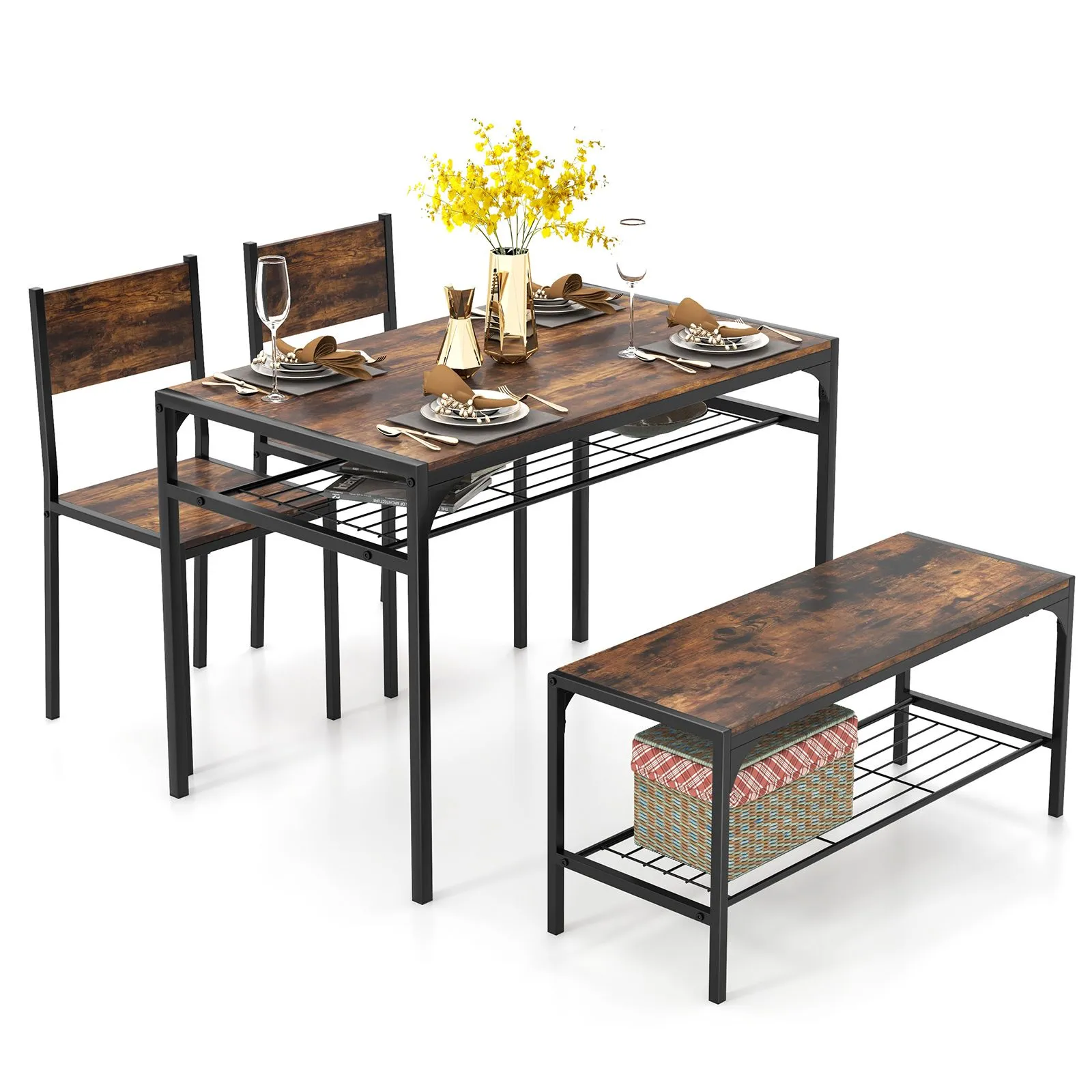 Costway 4PCS Dining Table Set for 4 Industrial Rectangular Kitchen Table with Chairs & Bench Metal Frame in Brown 5