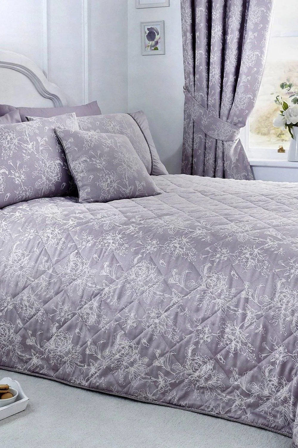 Dreams & Drapes 'Jasmine' Elegant Floral Jacquard Quilted Bedspread in Lavender 1
